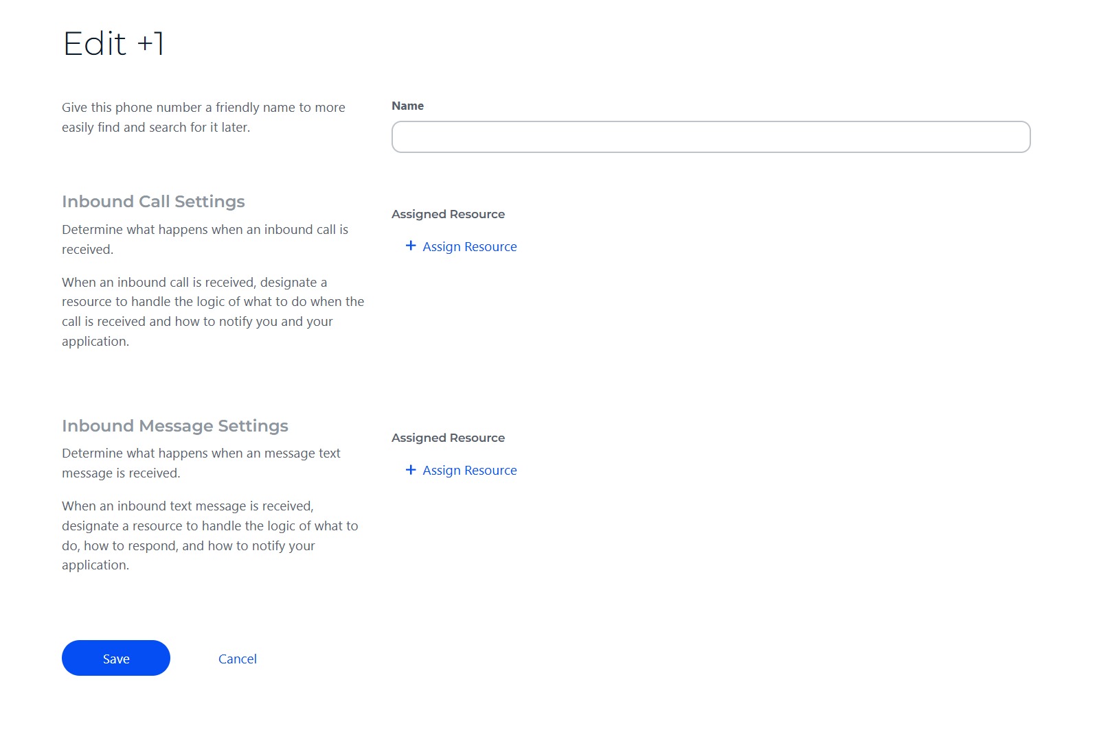 Messaging section on phone number configuration page