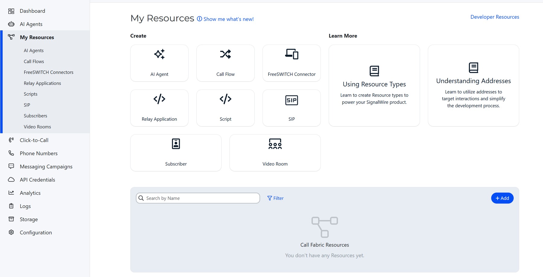 My Resources navigation in SignalWire dashboard