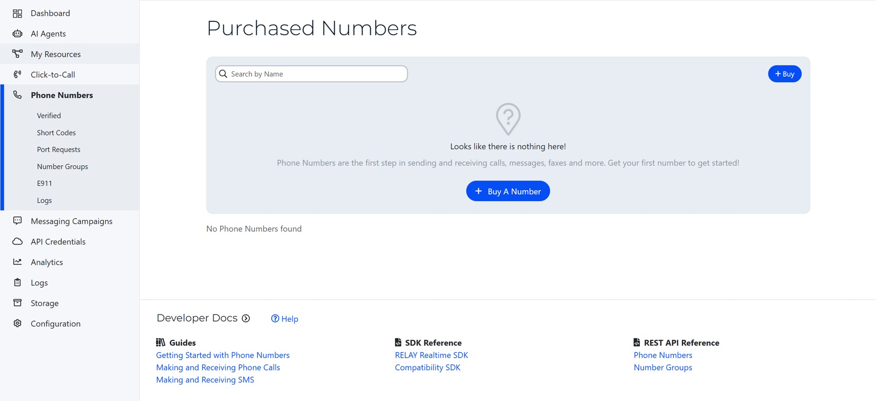 Phone Numbers section in SignalWire dashboard